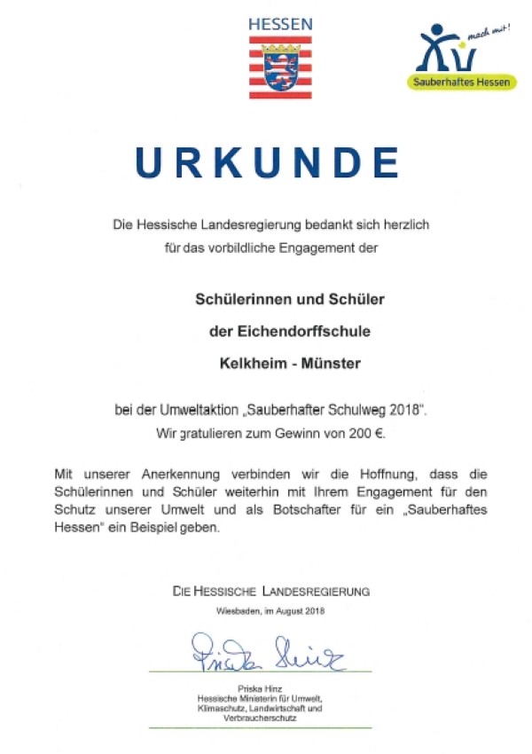 Urkunde Sauberhaftes Hessen 2018